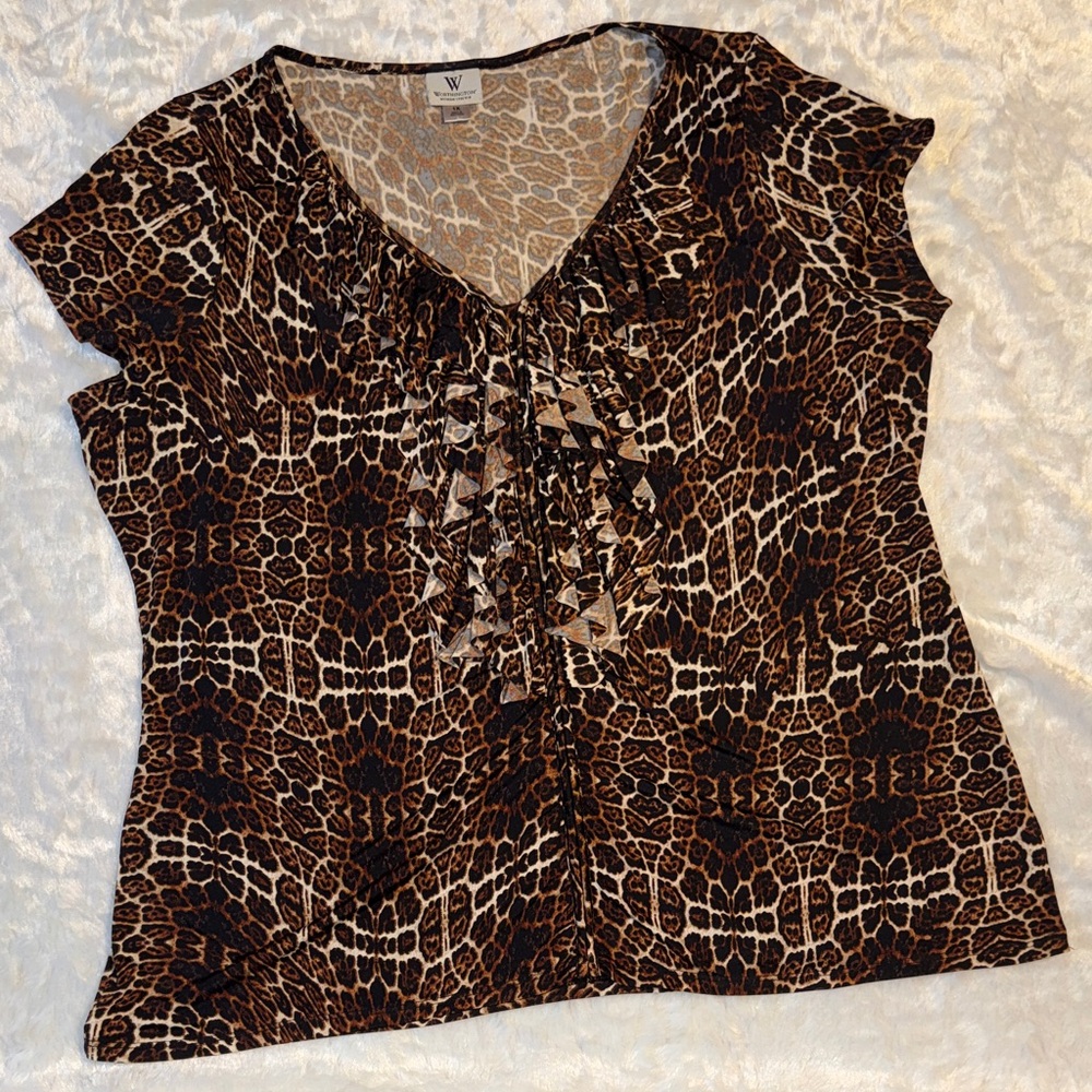 W by Worth Brown Animal Print Ruffle V-Neck Blouse